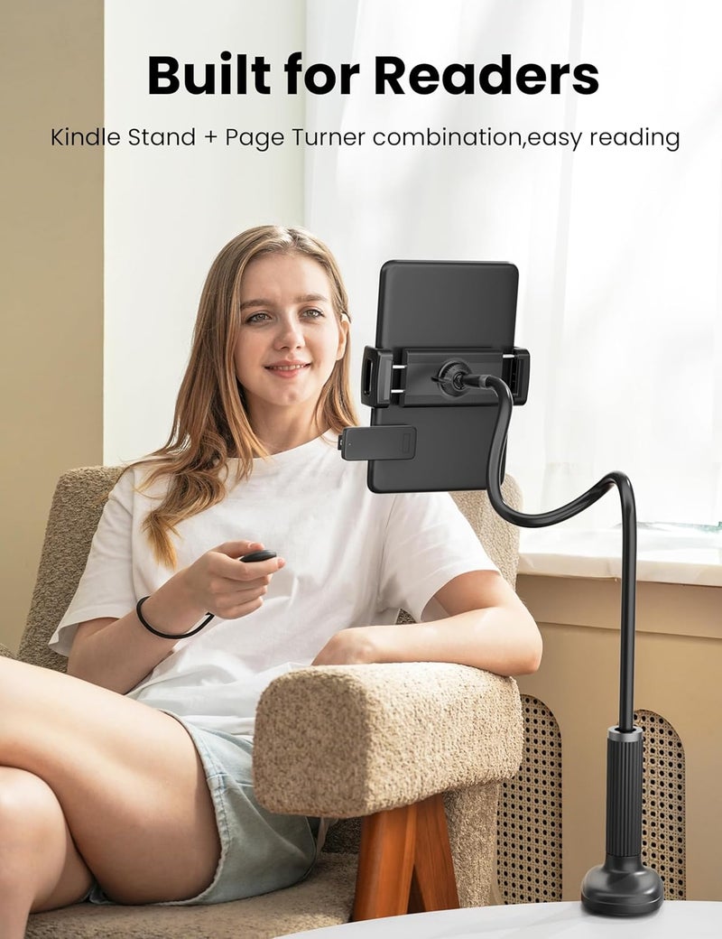 VOLTIFYMAX Gooseneck Kindle Holder with Remote Page Turner for Reading in Bed,Tablet Mount Holder for Desk,Flexible Long Arm for Tablets iPhones Kindle Accessories - Image 2